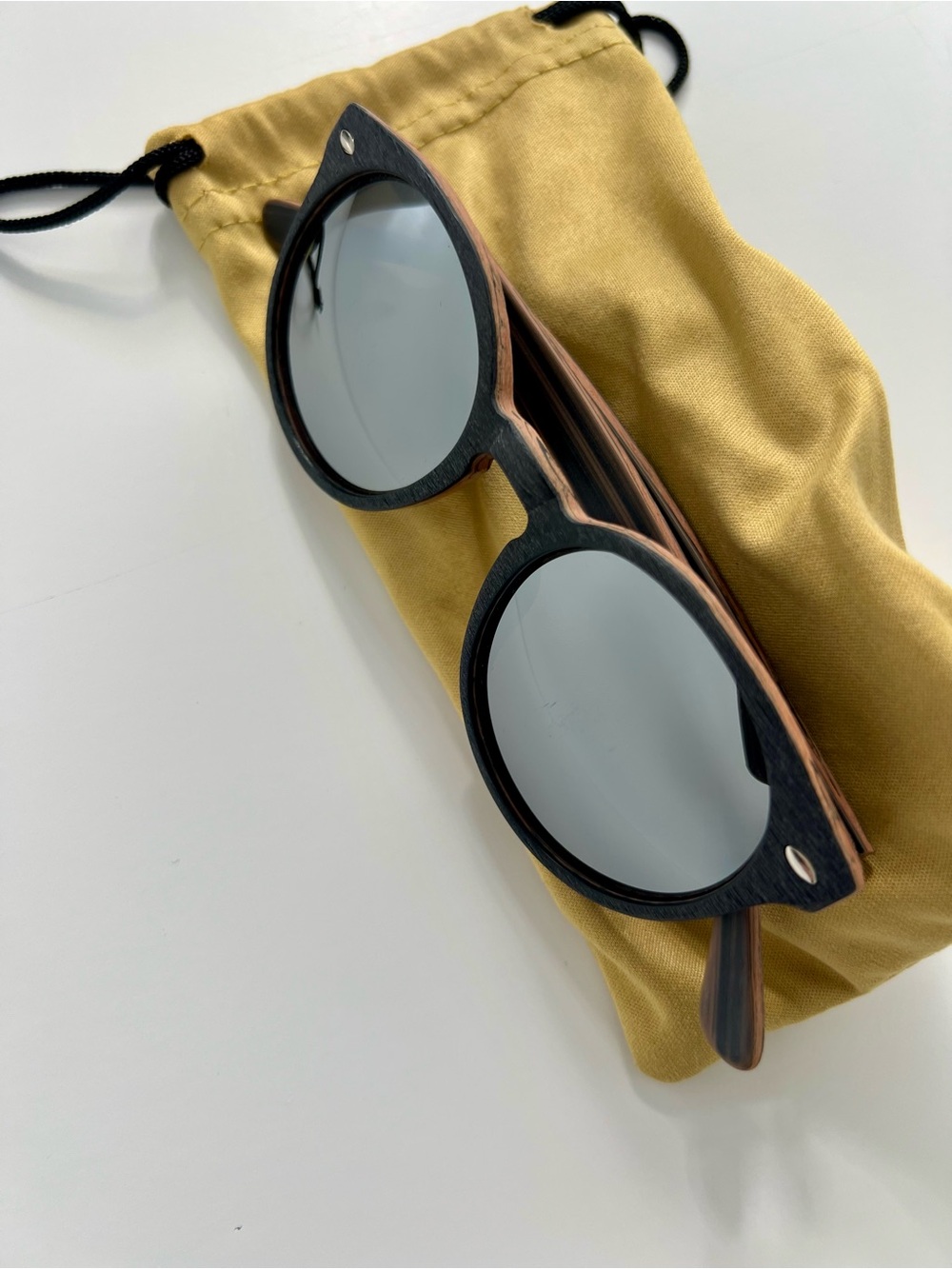 KAHOY Collection Wood-Textured Round Sunglasses in Black/Brown